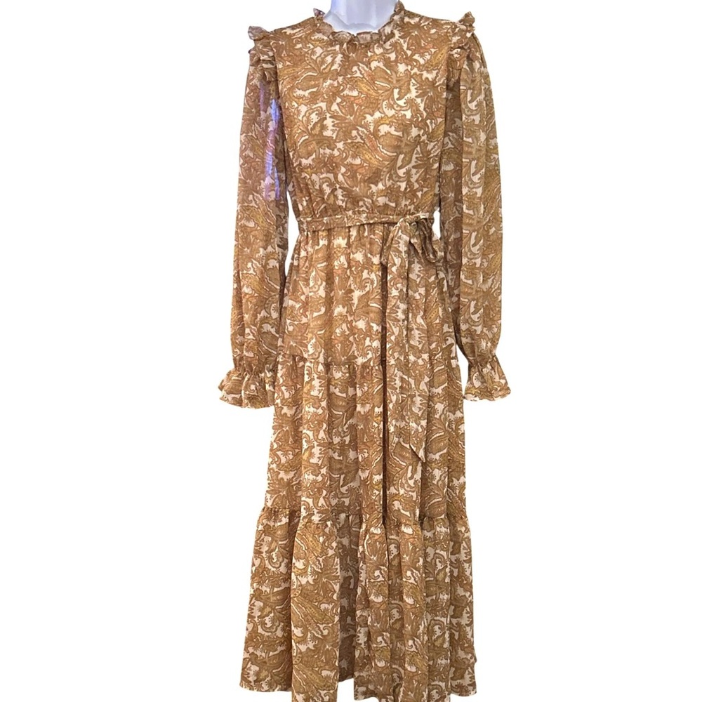 Moon River Bohemian Floral Ruffle Collar Smocked Wrist Tiered Midi Dres
